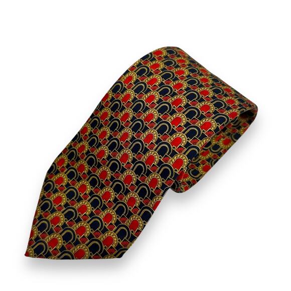 LANVIN Paris Neck Tie Vtg 100% Silk Made in France Geometric Navy Blue Red Gold - Picture 2 of 9